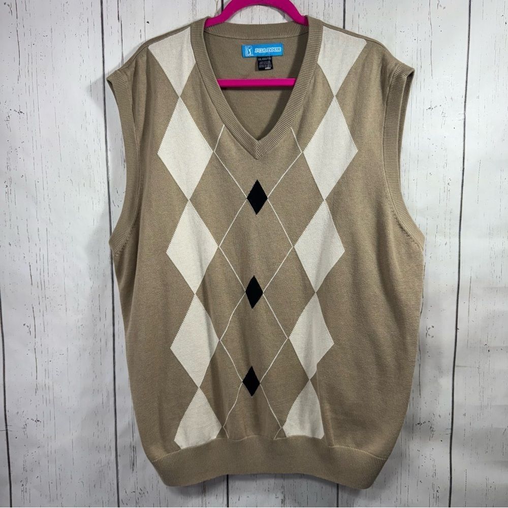 PGA Tour Tan Argyle Sweater Vest XXL Classic Diamond Knit Golf Pullover Cotton